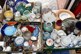 THREE BOXES AND LOOSE CERAMICS AND SUNDRY ITEMS, to include three Crown Ducal covered pots, a