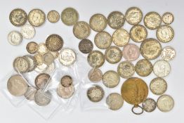 A BAG OF ASSORTED SILVER COINDS, to include one shillings, three pence's, one Florins etc,