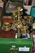 A BOX OF METAL WARES ETC, comprising a brass five arm candelabrum, approximate height