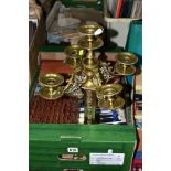 A BOX OF METAL WARES ETC, comprising a brass five arm candelabrum, approximate height