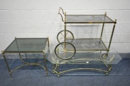 A FRENCH BRASSED COFFEE TABLE, with a glass top, length 127cm x depth 64cm x height 40cm, a smoked