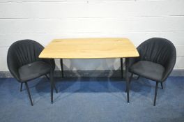 AN MODERN ASH TOP DINING TABLE, on metal legs, length 120cm x depth 70cm x height 77cm, and a pair