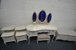 A CREAM PAINTED FRENCH STYLE FIVE PIECE BEDROOM SUITE, comprising a kidney shaped dressing table