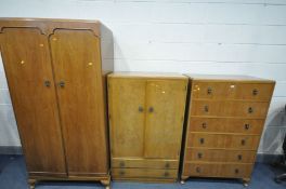 AN EARLY 20TH CENTURY WALNUT BEDROOM SUITE, comprising a double door wardrobe, width 91cm x depth