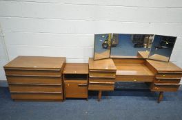 AN AVALON TEAK BEDROOM SUITE, comprising a dressing table with a triple mirror, chest of four long