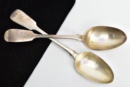 TWO MID-VICTORIAN SERVING SPOONS, fiddle pattern serving spoons, each with worn engravings to the