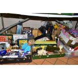 EIGHT BOXES OF CHRISTMAS DECORATIONS, TOYS, GAMES AND GENERAL HOUSEHOLD ITEMS, to include two