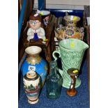 A BOX AND LOOSE SUNDRY ITEMS ETC, to include a Japanese satsuma vase with three female figures on