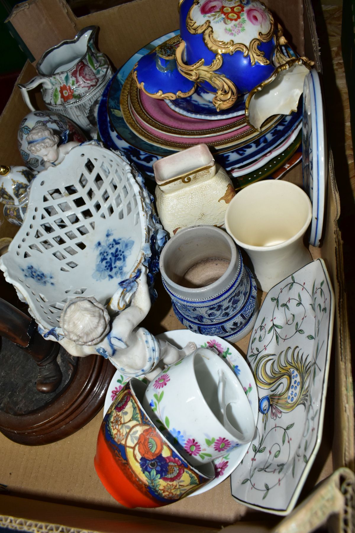 A BOX OF CERAMICS, to include a continental porcelain reticulated basket supported by a pair of - Image 2 of 4