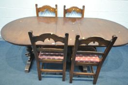 A REPRODUCTION OAK OVAL EXTENDING DINING TABLE, one additional leaf, extended length 208cm x