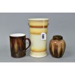 THREE PIECES OF BROWN GLAZED POOLE POTTERY, comprising a mug, a ginger jar and cover, height 10cm