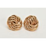 A PAIR OF 9CT GOLD KNOT EARRINGS, a large pair of yellow gold knot earrings, approximate width 17mm,