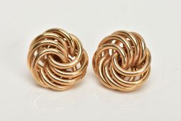A PAIR OF 9CT GOLD KNOT EARRINGS, a large pair of yellow gold knot earrings, approximate width 17mm,