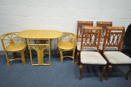 A WICKER KITCHEN TABLE and two matching chairs, along with four cherrywood chairs (7) (good