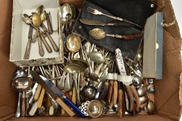 AN ASSORTMENT OF SILVER CUTLERY AND OTHER CUTLERY ITEMS, to include a silver medicine spoon, five