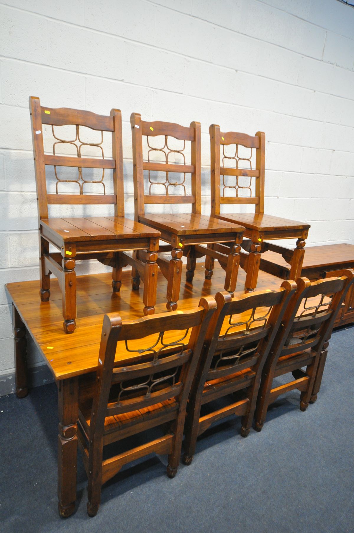 A STAINED HARDWOOD DINING TABLE, length 183cm x depth 108cm x height 77cm, six chairs and a matching - Image 2 of 4