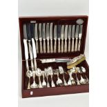 A WOODEN CANTEEN, near complete cutlery canteen kings pattern design, together with a silver