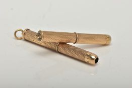 A 9CT GOLD TOOTHPICK AND CIGAR PIERCER, each with an engine turned design, both with full 9ct gold