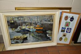 JOHN WAKE (BRITISH 20TH CENTURY), 'Brixham Harbour', fishing boats at their moorings, oil on