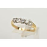 A YELLOW METAL FIVE STONE DIAMOND RING, set with five slightly graduating round brilliant cut