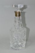 A MODERN CLEAR GLASS DECANTER WITH HALLMARKED SILVER COLLAR, circular stopper, double ring neck
