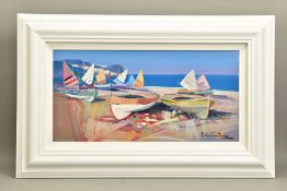 FABIO COSTANTINO (ITALY 1952) 'SUMMER HEAT VI', dinghies on a beach, signed bottom right, oil on