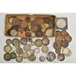 A SMALL CARDBOARD TRAY OF MIXED COINAGE WITH AMOUNTS OF VICTORIAN AND LATER SILVER COINS, to