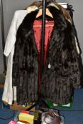 FIVE LADIES COATS AND THREE BOXES OF HATS, HOSIERY AND VINTAGE UNDERWEAR, ETC, including twelve