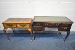 A MAHOGANY LADIES DESK, with a green leather inlay top, and five assorted drawers, on cabriole legs,