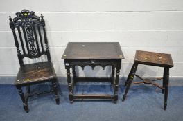 AN OAK HALL TABLE, with carved lunettes to table, single drawer with lions mask to detail, on turned