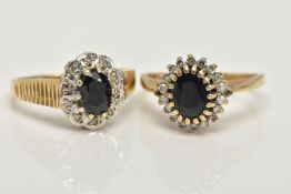 TWO 9CT GOLD CLUSTER RINGS, the first designed with a central claw set, oval cut deep blue