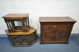 A HARDWOOD SIDEBOARD with two drawers and cupboard doors, width 98cm x depth 43cm x height 84cm, and