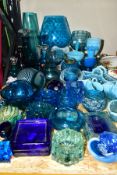 A COLLECTION OF BLUE GLASSWARES, approximately forty five pieces to include a small, cut clear and
