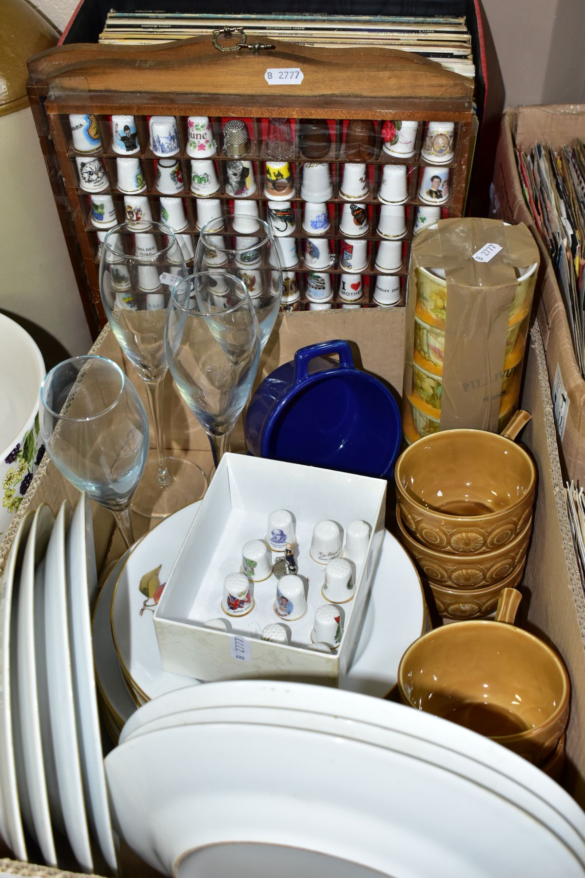 TWO BOXES AND LOOSE CERAMICS, RECORDS, THIMBLES AND SUNDRY ITEMS, to include sixteen pieces of Royal