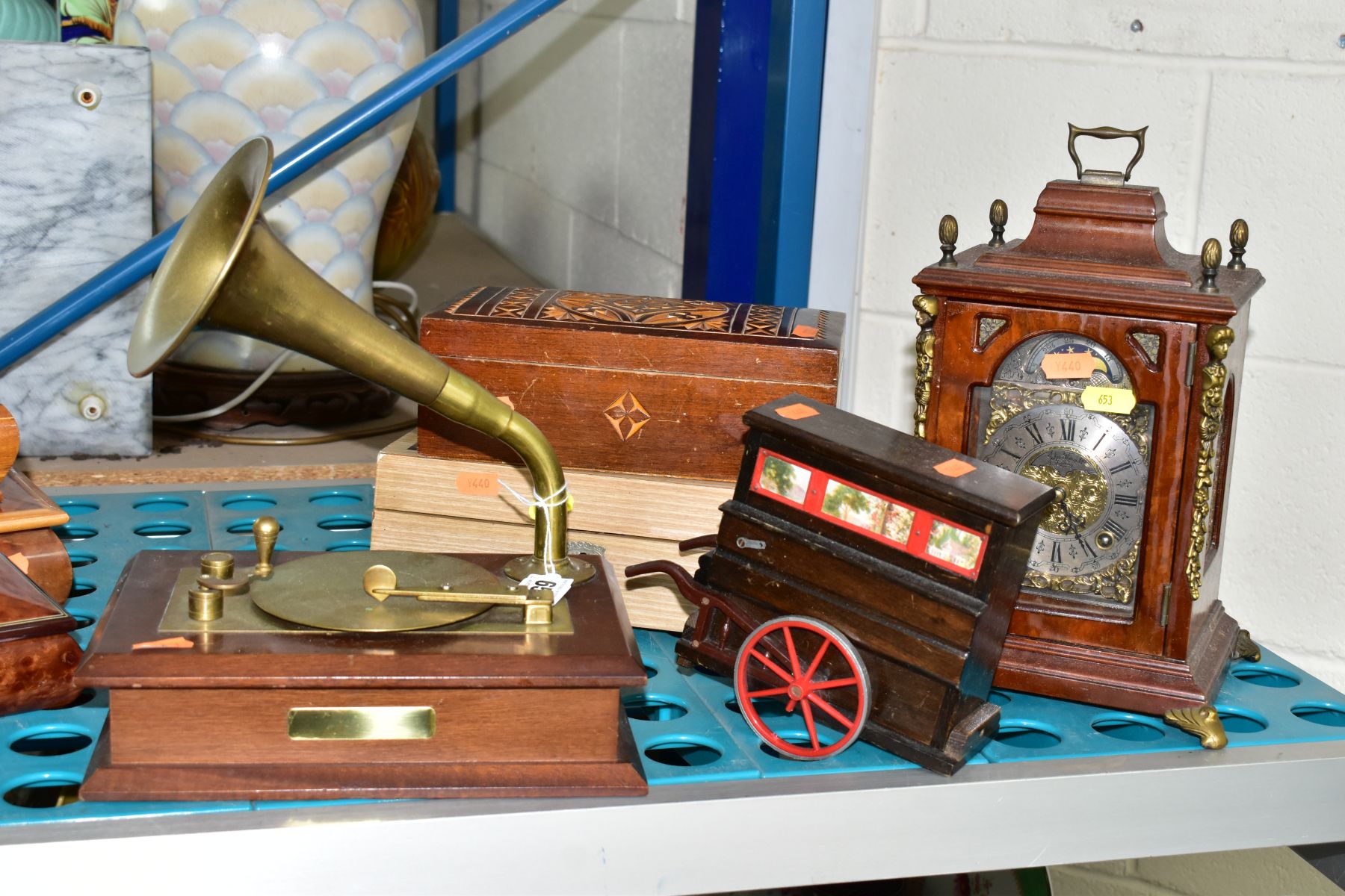 A GROUP OF EIGHT MUSIC BOXES AND TWO MANTEL CLOCKS, to include a Tallent music box in the form of