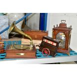 A GROUP OF EIGHT MUSIC BOXES AND TWO MANTEL CLOCKS, to include a Tallent music box in the form of