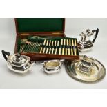 A CANTEEN OF CUTLERY AND A TEA SERVICE SET, a complete 'Walker & Hall' canteen of cutlery, a four