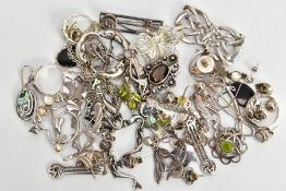 A BAG OF ASSORTED SILVER AND WHITE METAL JEWELLERY, to include a Celtic style openwork brooch,
