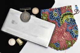 A MEDAL, CIGARETTE BOX, BEADED PURSE ETC, to include a WWI 1914-1918 medal assigned to '189031