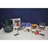 A COLLECTION OF TOOLS to include a bucket of hand tools, saws, hand drill, hand screwdrivers, two