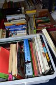 FOUR BOXES OF BOOKS AND MAGAZINES, approximately one hundred and twenty books with titles to include