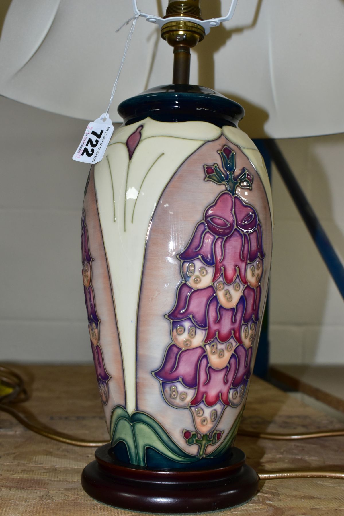 A MOORCROFT POTTERY FOXGLOVE PATTERN TABLE LAMP, designed by Rachel Bishop, with lampshade, - Image 4 of 7