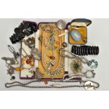 A BAG OF ASSORTED JEWELLERY, to include various pieces of silver and white metal jewellery such as a