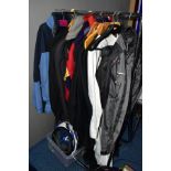 A BOX AND LOOSE OF GENTS CLOTHING AND MOTOR BIKING GARMENTS, including an 'Armr Moto' biker'