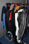 A BOX AND LOOSE OF GENTS CLOTHING AND MOTOR BIKING GARMENTS, including an 'Armr Moto' biker'