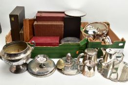 TWO BOXES OF ASSORTED WHITE METAL WARE, to include a box with a white metal wavy salver, two