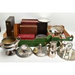 TWO BOXES OF ASSORTED WHITE METAL WARE, to include a box with a white metal wavy salver, two