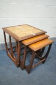 A G PLAN FRESCO TEAK NEST OF THREE TABLES, the largest table tile inserts, width 50cm squared x