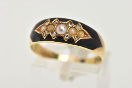 A LATE VICTORIAN 15CT GOLD DIAMOND AND PEARL MOURNING RING, designed with a row of five graduating