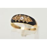 A LATE VICTORIAN 15CT GOLD DIAMOND AND PEARL MOURNING RING, designed with a row of five graduating